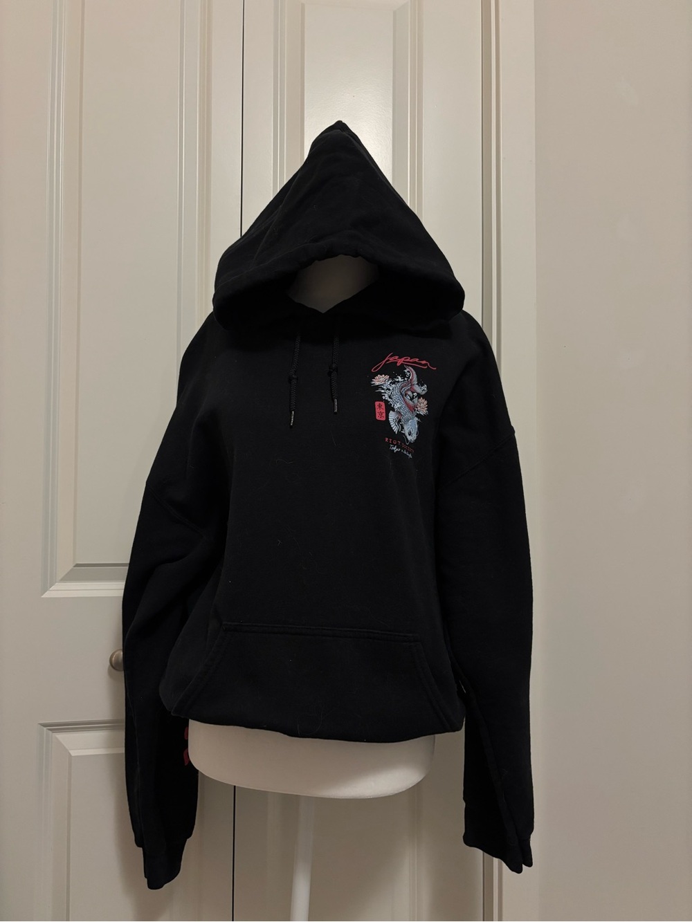riot society Black Hoodie with Embroidered koi fish Accent